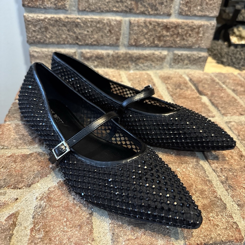 Nine West Breen Mary Jane Black Rhinestone Encrusted Mesh Flat Sz 10
